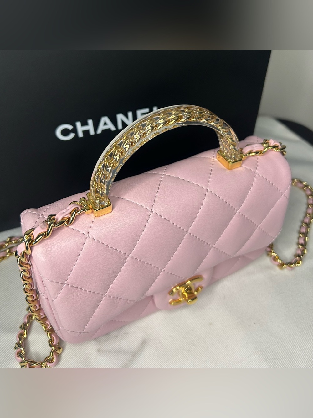 NEW! CHANEL 24S Mini Top Handle Flap Bag Quilted Lambskin Rose Light Pink - Picture 6 of 16